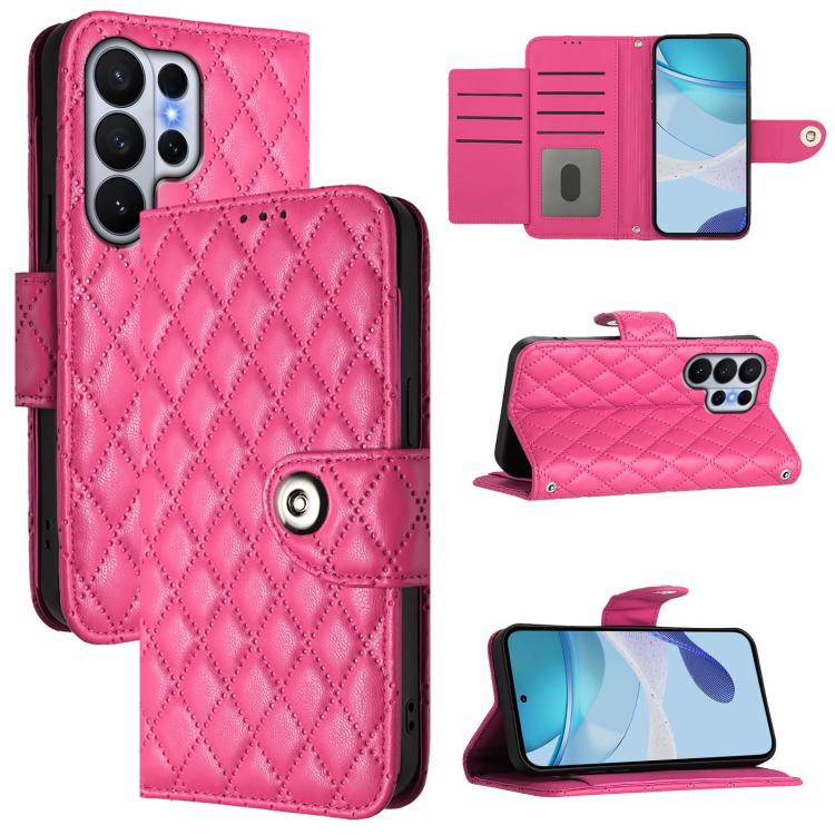 

For Samsung Galaxy S26 Ultra 5G Rhombic Texture Flip Leather Phone Case with Lanyard(Rose Red)