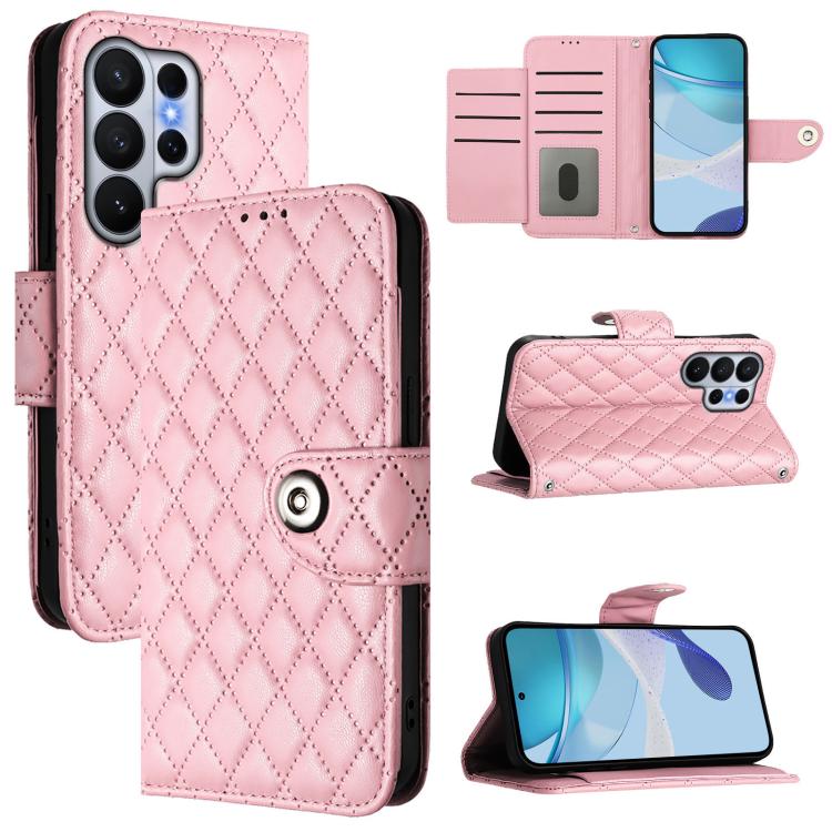 

For Samsung Galaxy S26 Ultra 5G Rhombic Texture Flip Leather Phone Case with Lanyard(Pink)