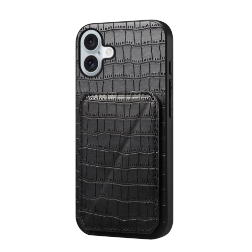 

For iPhone 16 Imitation Crocodile Leather Back Phone Case with Holder(Black)