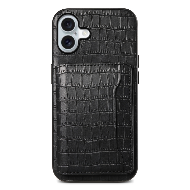 

For iPhone 16 Plus Crocodile Texture Card Bag Design Full Coverage Phone Case(Black)