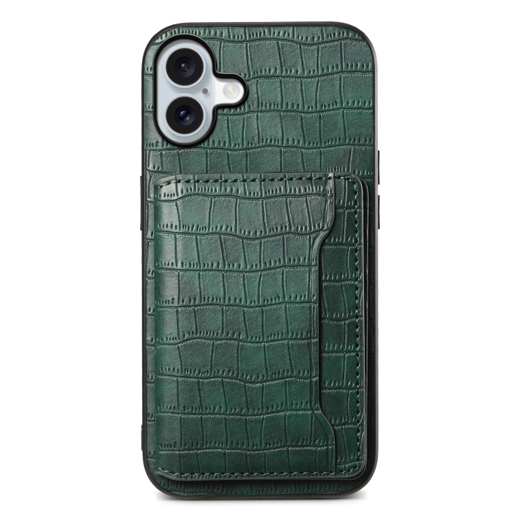 

For iPhone 16 Plus Crocodile Texture Card Bag Design Full Coverage Phone Case(Green)