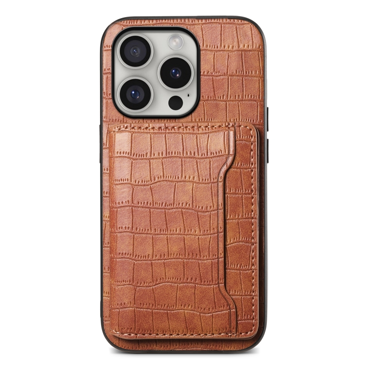 

For iPhone 16 Pro Crocodile Texture Card Bag Design Full Coverage Phone Case(Brown)