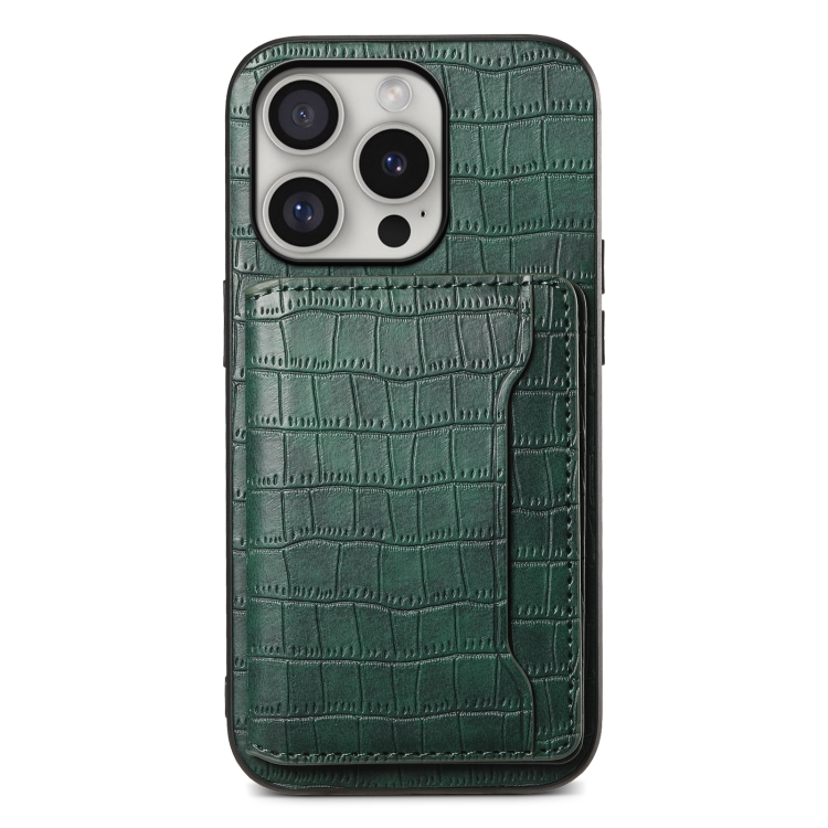 

For iPhone 16 Pro Crocodile Texture Card Bag Design Full Coverage Phone Case(Green)