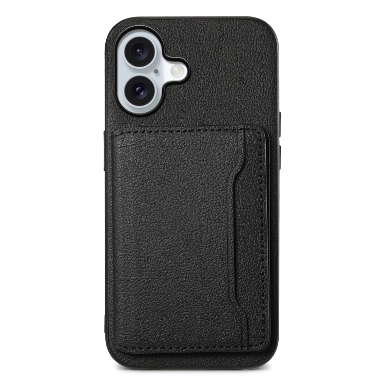 

For iPhone 16 Calf Texture Card Bag Design Full Coverage Phone Case(Black)