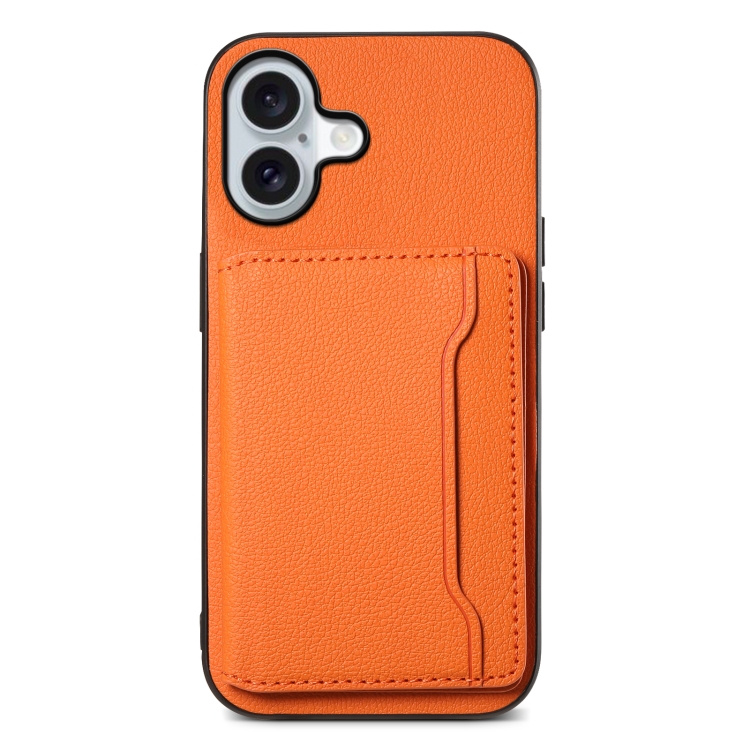 

For iPhone 16 Plus Calf Texture Card Bag Design Full Coverage Phone Case(Orange)