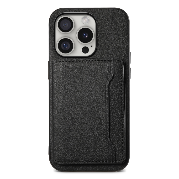 

For iPhone 16 Pro Calf Texture Card Bag Design Full Coverage Phone Case(Black)