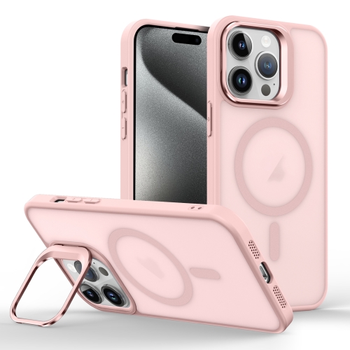 

For iPhone 15 Pro Skin Feel Lens Holder Magsafe Phone Case(Pink)