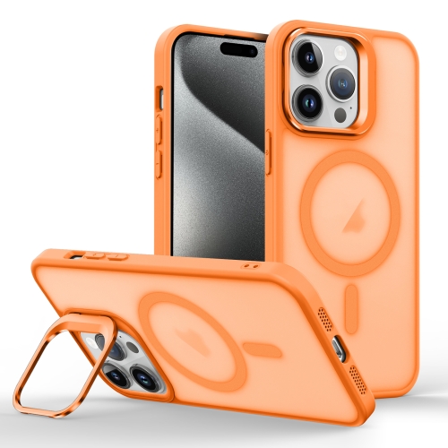 

For iPhone 15 Pro Skin Feel Lens Holder Magsafe Phone Case(Orange)