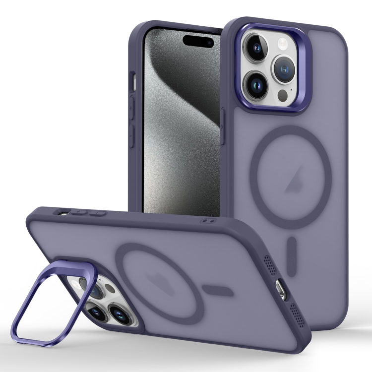 

For iPhone 15 Pro Skin Feel Lens Holder Magsafe Phone Case(Deep Purple)
