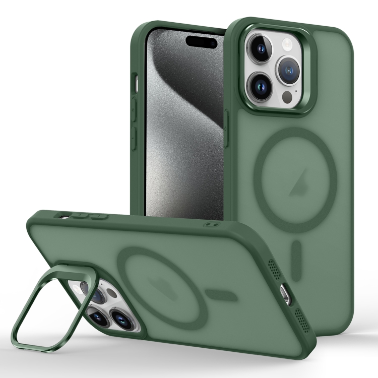 

For iPhone 15 Pro Skin Feel Lens Holder Magsafe Phone Case(Deep Green)
