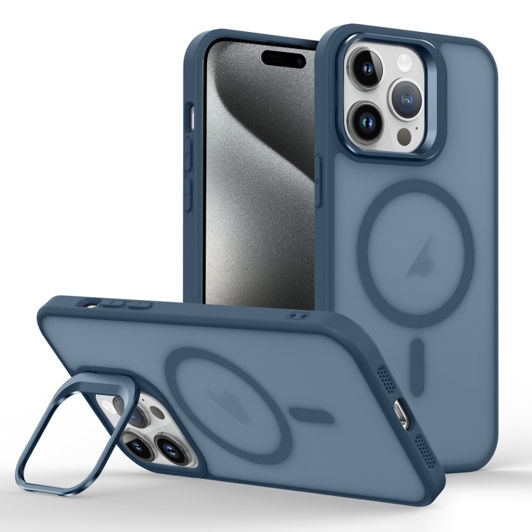 

For iPhone 15 Pro Skin Feel Lens Holder Magsafe Phone Case(Dark Blue)