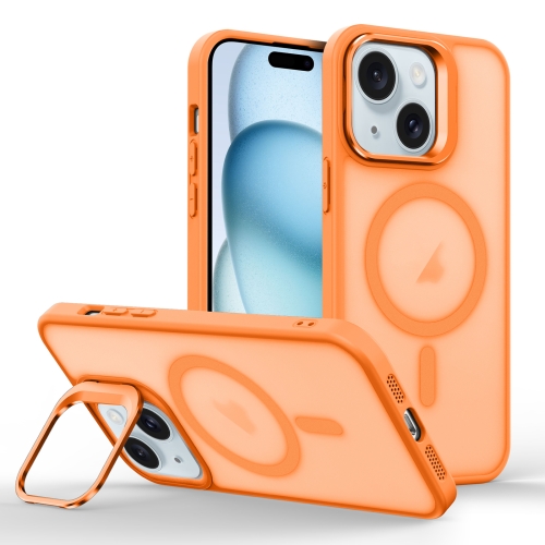 

For iPhone 15 Plus Skin Feel Lens Holder Magsafe Phone Case(Orange)