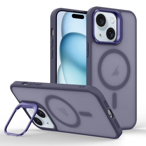 

For iPhone 15 Plus Skin Feel Lens Holder Magsafe Phone Case(Deep Purple)