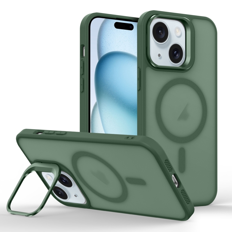 

For iPhone 15 Plus Skin Feel Lens Holder Magsafe Phone Case(Deep Green)