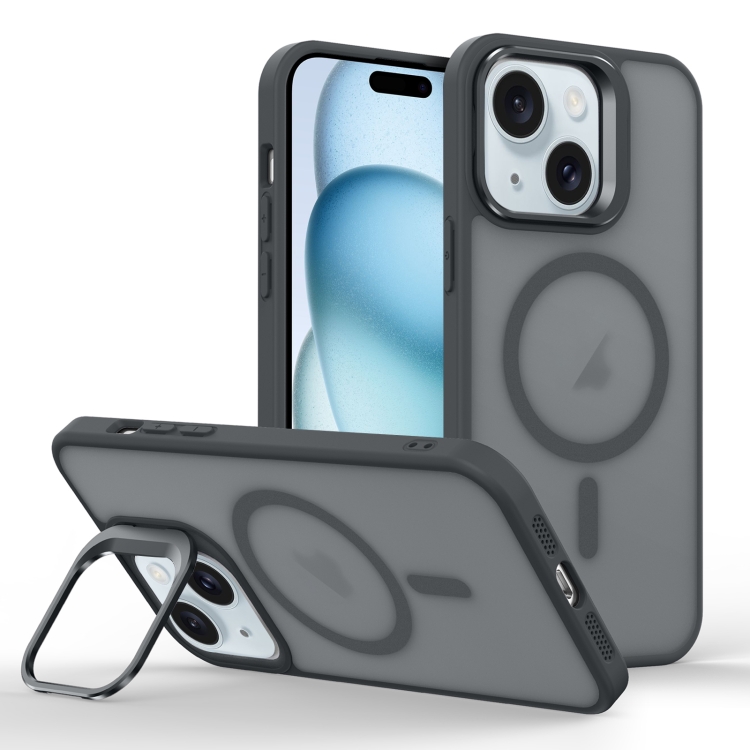 

For iPhone 15 Plus Skin Feel Lens Holder Magsafe Phone Case(Titanium Black)