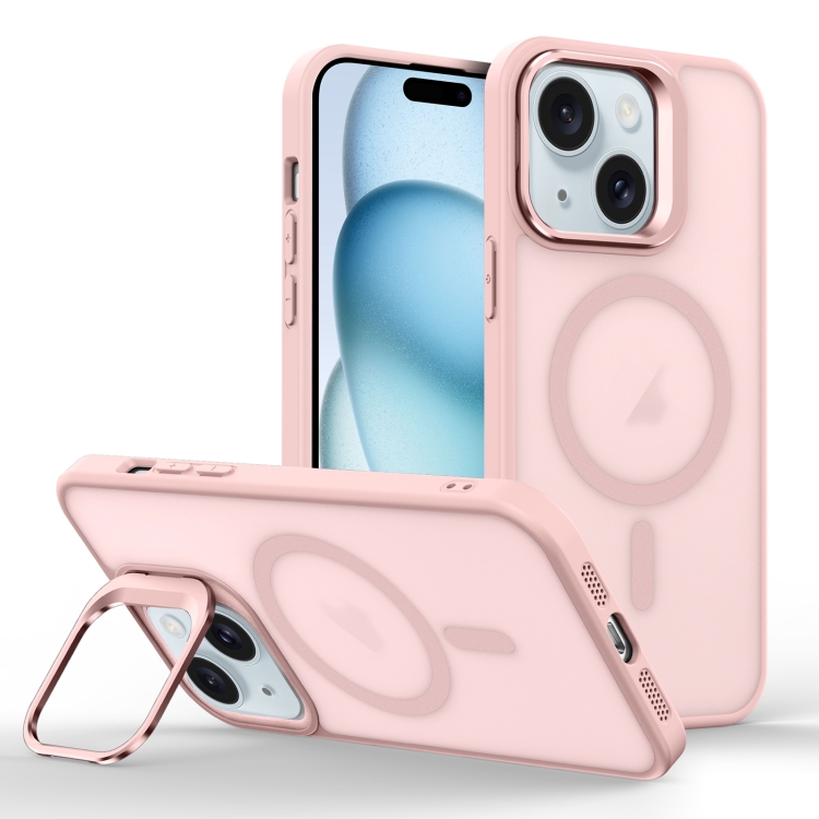 

For iPhone 15 Skin Feel Lens Holder Magsafe Phone Case(Pink)