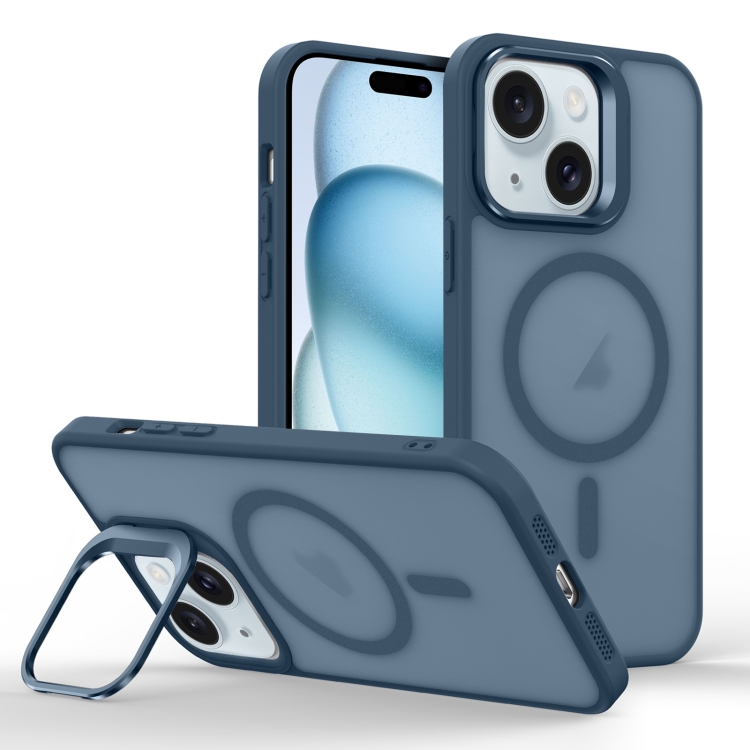 

For iPhone 15 Skin Feel Lens Holder Magsafe Phone Case(Dark Blue)