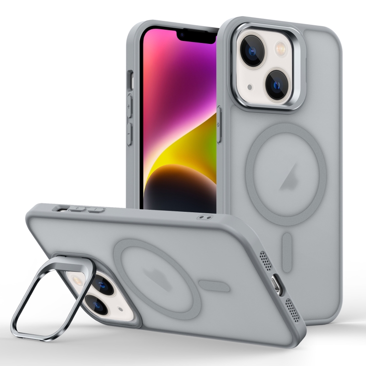 

For iPhone 14 Plus Skin Feel Lens Holder Magsafe Phone Case(Titanium Grey)