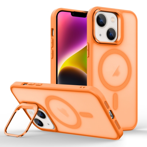 

For iPhone 14 Plus Skin Feel Lens Holder Magsafe Phone Case(Orange)