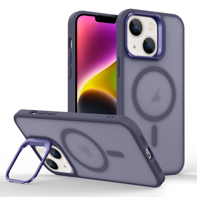 

For iPhone 14 Plus Skin Feel Lens Holder Magsafe Phone Case(Deep Purple)