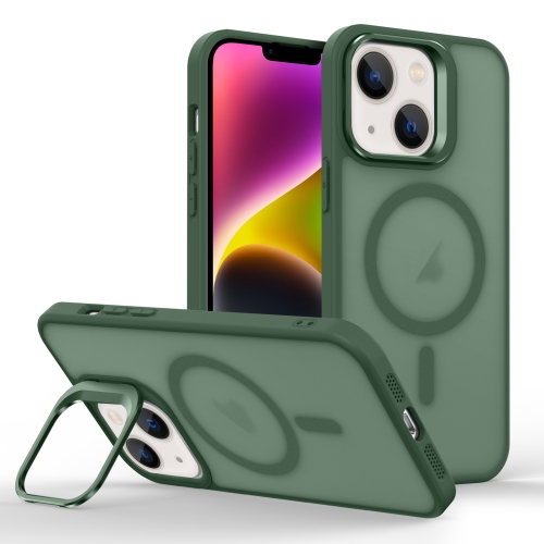 

For iPhone 14 Skin Feel Lens Holder Magsafe Phone Case(Deep Green)