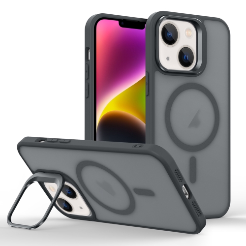 

For iPhone 14 Skin Feel Lens Holder Magsafe Phone Case(Titanium Black)