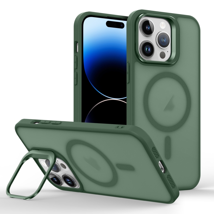 

For iPhone 14 Pro Skin Feel Lens Holder Magsafe Phone Case(Deep Green)