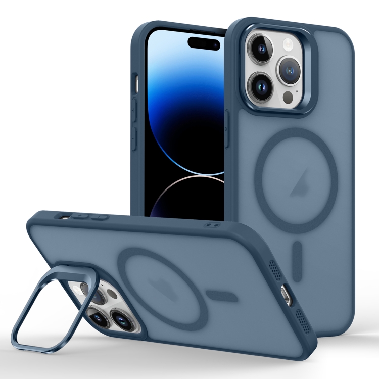 

For iPhone 14 Pro Skin Feel Lens Holder Magsafe Phone Case(Dark Blue)