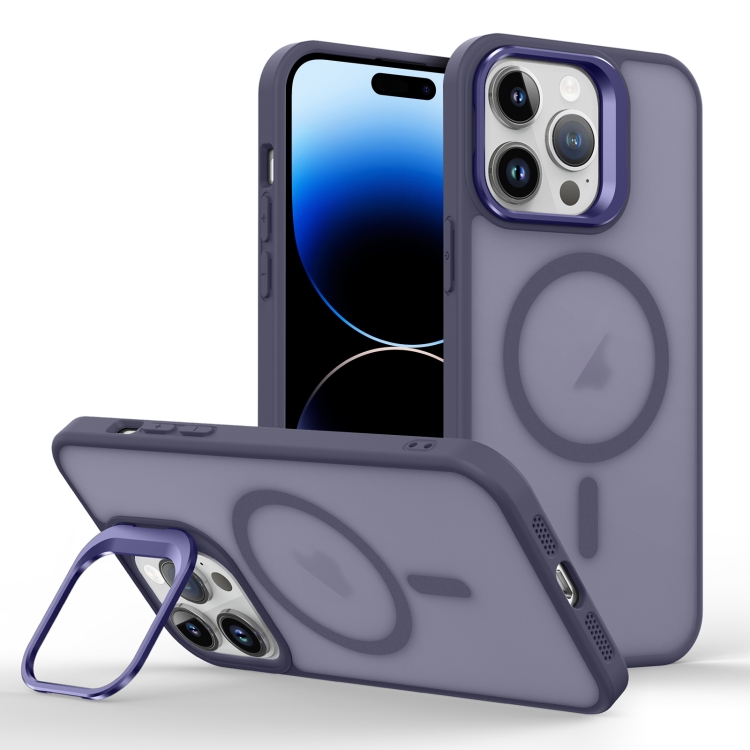 

For iPhone 14 Pro Max Skin Feel Lens Holder Magsafe Phone Case(Deep Purple)
