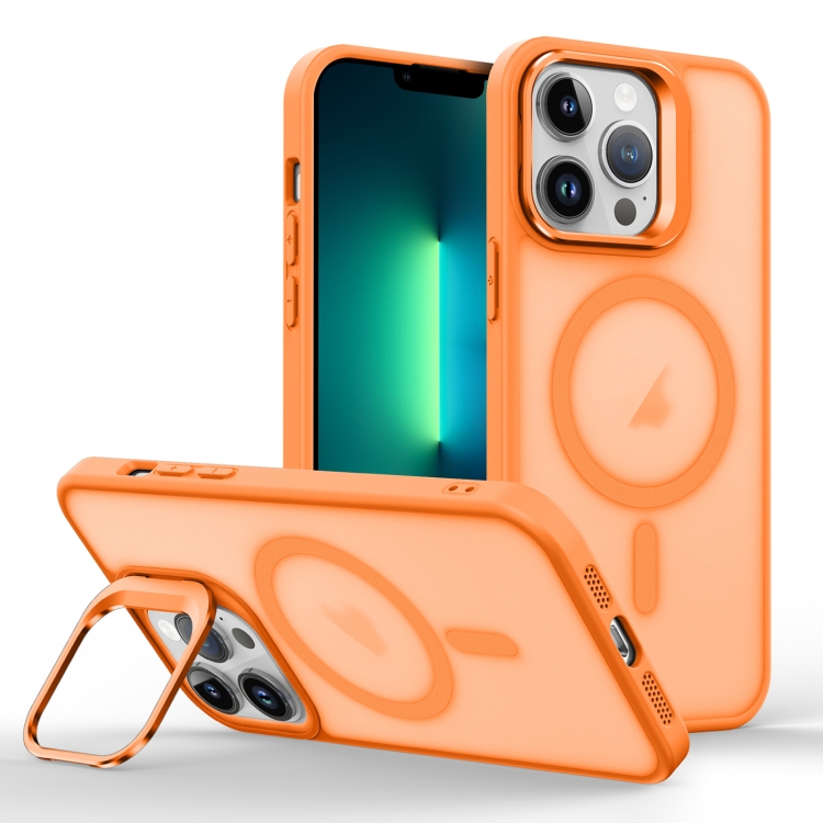 

For iPhone 13 Pro Max Skin Feel Lens Holder Magsafe Phone Case(Orange)