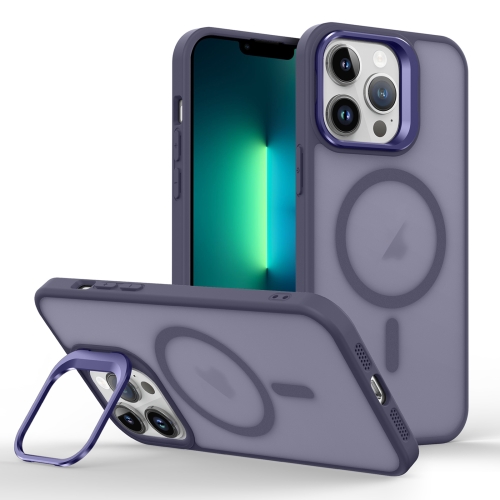 

For iPhone 13 Pro Skin Feel Lens Holder Magsafe Phone Case(Deep Purple)