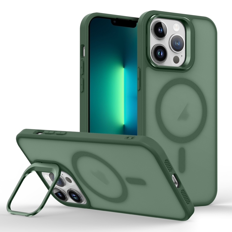 

For iPhone 13 Pro Skin Feel Lens Holder Magsafe Phone Case(Deep Green)
