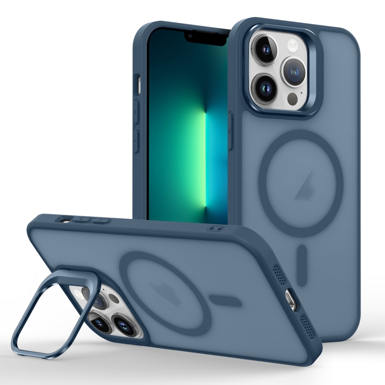 

For iPhone 13 Pro Skin Feel Lens Holder Magsafe Phone Case(Dark Blue)