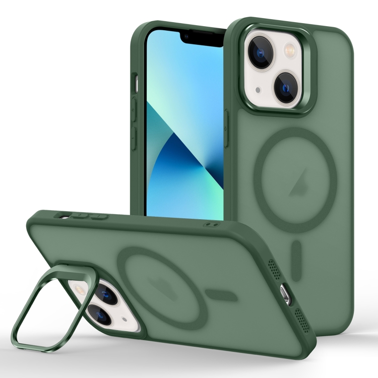

For iPhone 13 Skin Feel Lens Holder Magsafe Phone Case(Deep Green)
