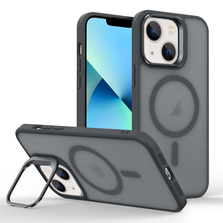 

For iPhone 13 Skin Feel Lens Holder Magsafe Phone Case(Titanium Black)