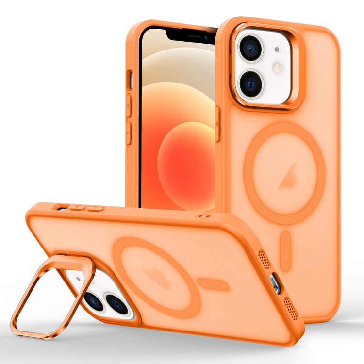 

For iPhone 12 Skin Feel Lens Holder Magsafe Phone Case(Orange)