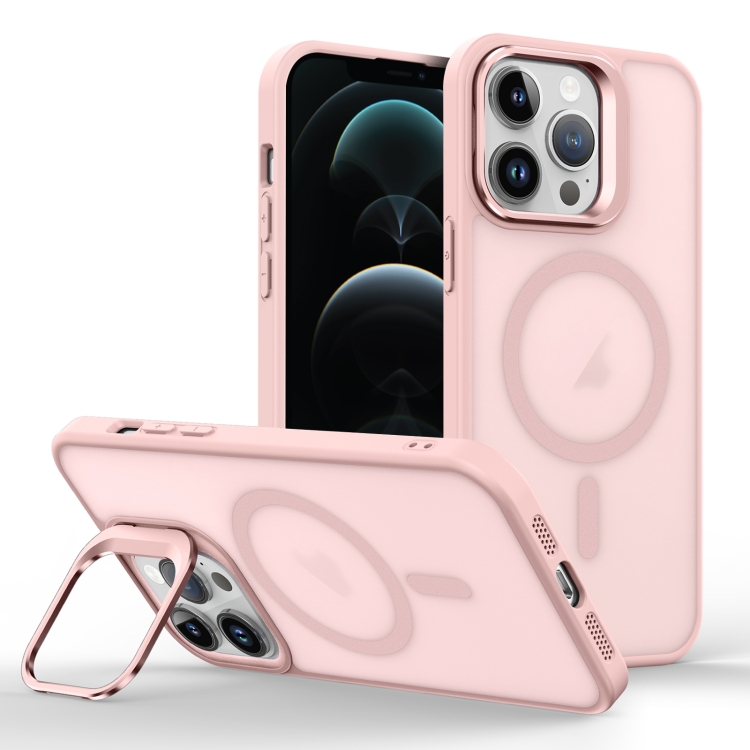 

For iPhone 12 Pro Max Skin Feel Lens Holder Magsafe Phone Case(Pink)