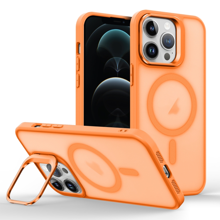 

For iPhone 12 Pro Max Skin Feel Lens Holder Magsafe Phone Case(Orange)