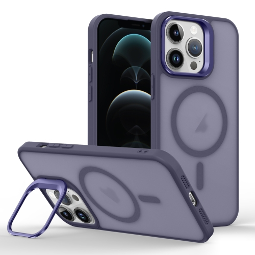 

For iPhone 12 Pro Max Skin Feel Lens Holder Magsafe Phone Case(Deep Purple)