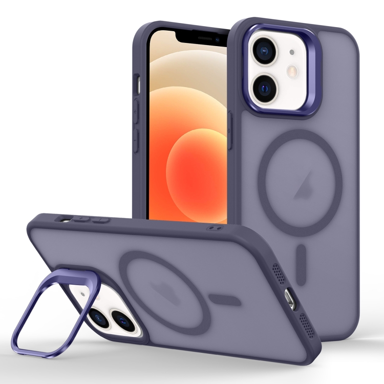 

For iPhone 12 mini Skin Feel Lens Holder Magsafe Phone Case(Deep Purple)