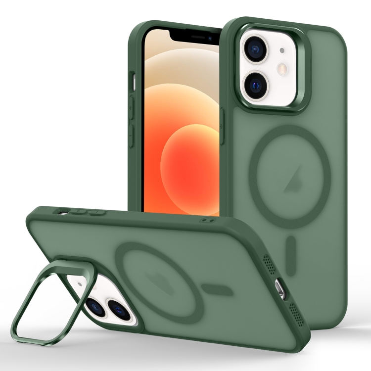 

For iPhone 12 mini Skin Feel Lens Holder Magsafe Phone Case(Deep Green)