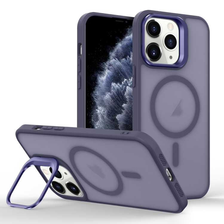 

For iPhone 11 Pro Max Skin Feel Lens Holder Magsafe Phone Case(Deep Purple)