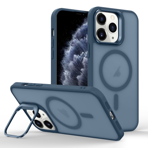 

For iPhone 11 Pro Max Skin Feel Lens Holder Magsafe Phone Case(Dark Blue)