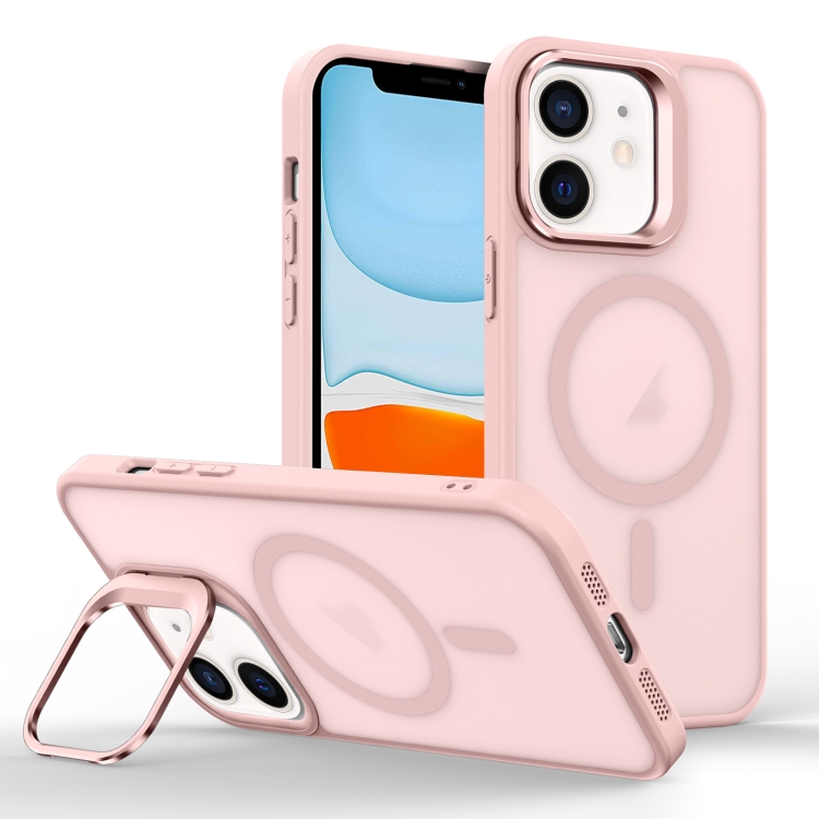 

For iPhone 11 Skin Feel Lens Holder Magsafe Phone Case(Pink)