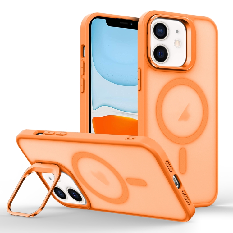 

For iPhone 11 Skin Feel Lens Holder Magsafe Phone Case(Orange)