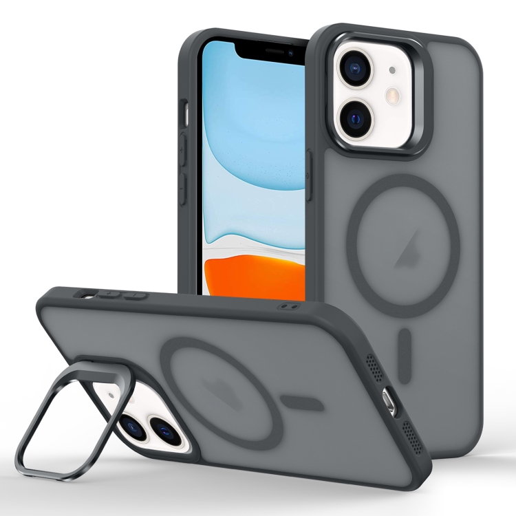 

For iPhone 11 Skin Feel Lens Holder Magsafe Phone Case(Titanium Black)