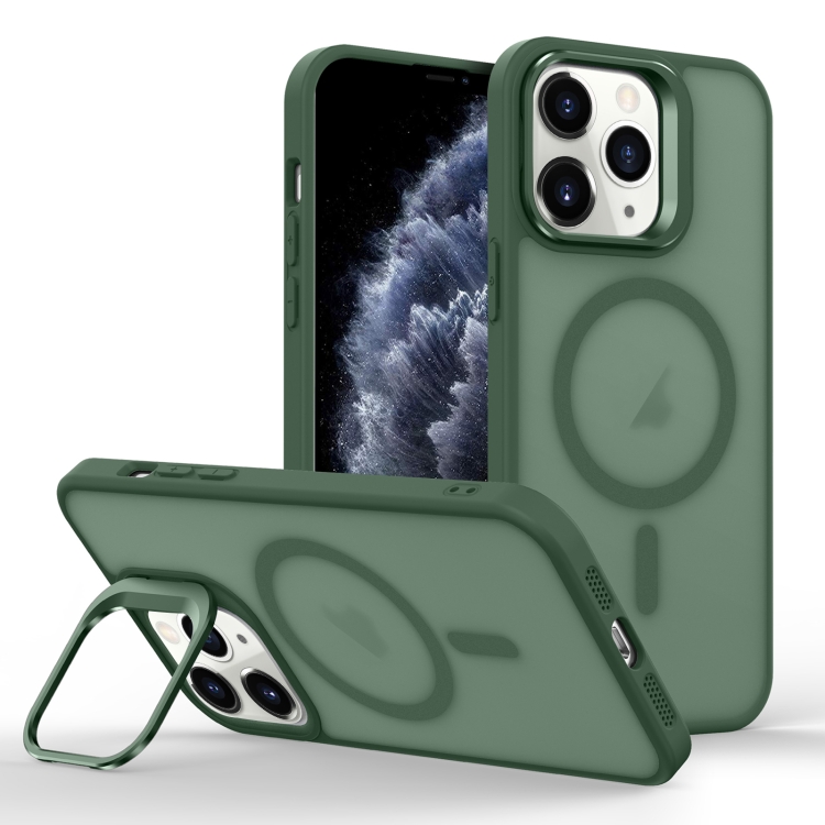 

For iPhone 11 Pro Skin Feel Lens Holder Magsafe Phone Case(Deep Green)