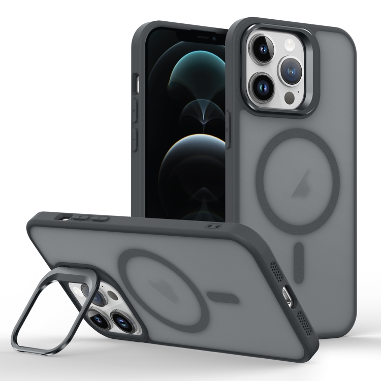 

For iPhone 12 Pro Skin Feel Lens Holder Magsafe Phone Case(Titanium Black)