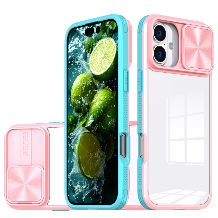 

For iPhone 16 Sliding Camshield Acrylic Hybrid TPU Phone Case(Pink Cyan)