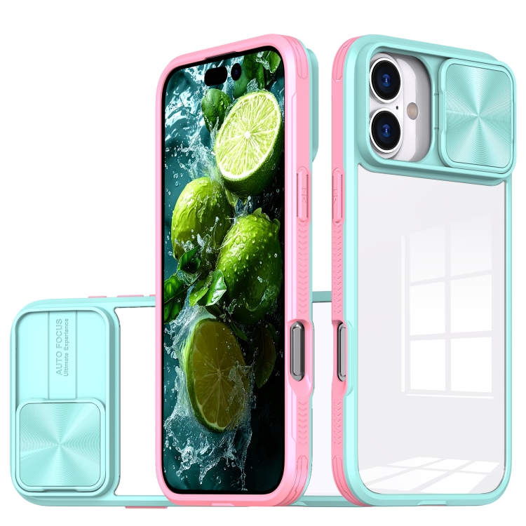 

For iPhone 16 Sliding Camshield Acrylic Hybrid TPU Phone Case(Blue Pink)